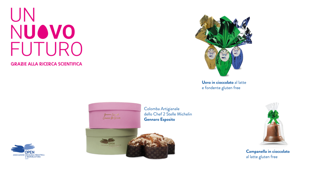 L'immagine mostra una grafica con il nome della campagna di Pasqua della OPEN OdV, ovvero "Un nuovo futuro". Ci sono poi le immagini dei tre prodotti solidali: la colomba artigianale dello Chef stellato Gennaro Esposito, le uova di cioccolato gliten free e la campanella di cioccolato. In basso a sinistra, il logo della OPEN OdV.