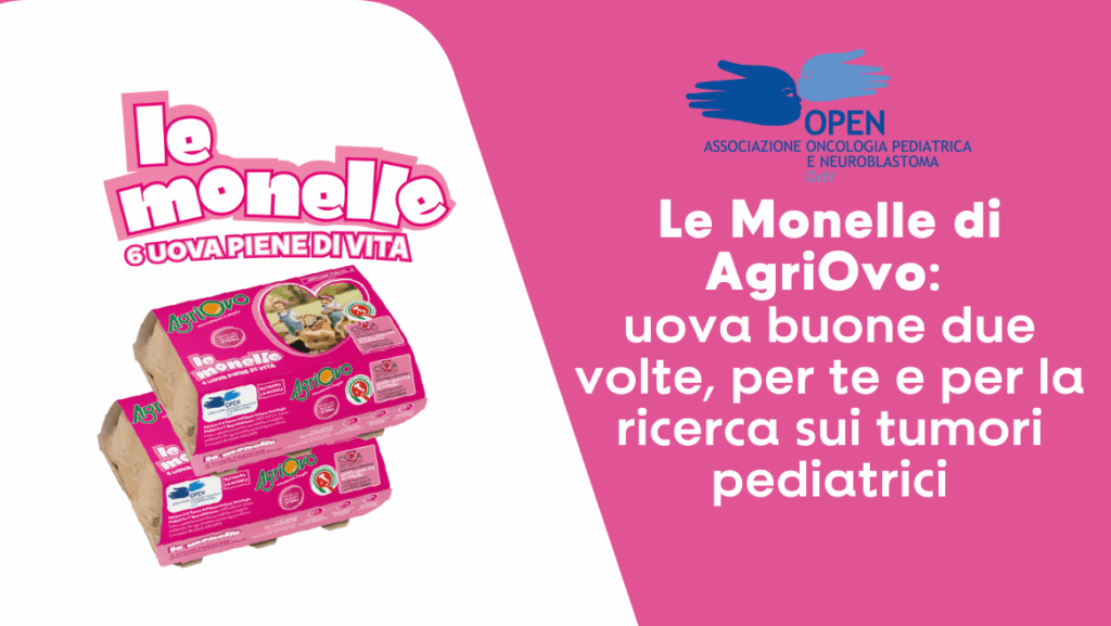 Due confezioni de Le Monelle di AgriOvo con il logo delle uova che si chiamano così: a lato una banda rosa con il titolo dell'articolo, che è "Le Monelle di AgriOvo: uova buone due volte, per te e per la ricerca sui tumori pediatrici"