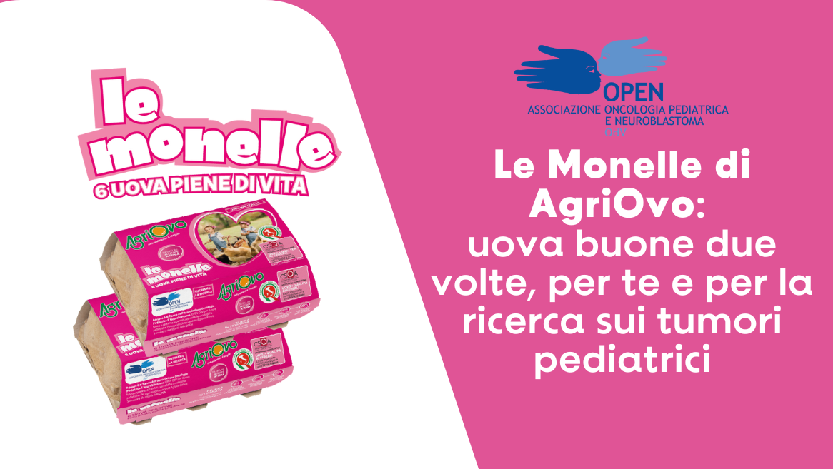 Due confezioni de Le Monelle di AgriOvo con il logo delle uova che si chiamano così: a lato una banda rosa con il titolo dell'articolo, che è "Le Monelle di AgriOvo: uova buone due volte, per te e per la ricerca sui tumori pediatrici"