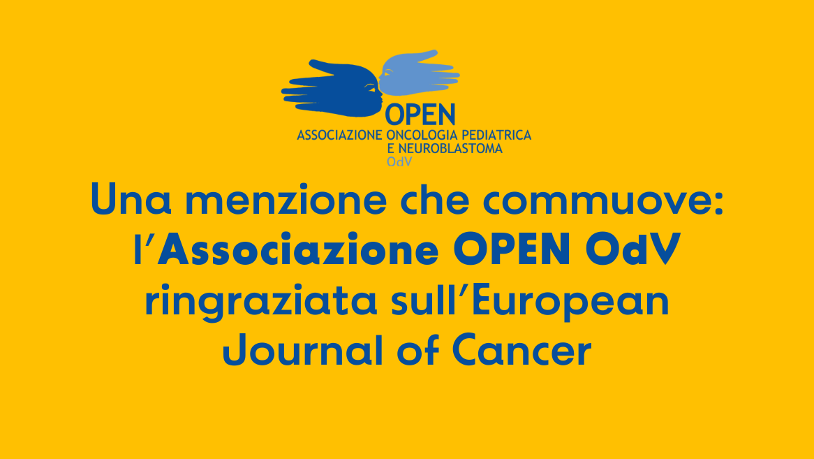 C'è uno sfondo giallo sopra al quale c'è scritto l'h1 dell'articolo "Una menzione che commuove: l'Associazione OPEN OdV ringraziata sull'European Journal of Cancer